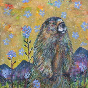 "The Golden Marmot" - Marmot & Alpine Forget-Me-Nots - 16x16"