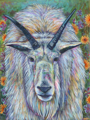 Wizard of the Rockies - Mountain Goat & Fireweed, Brown Eyed Susans - 20x24"