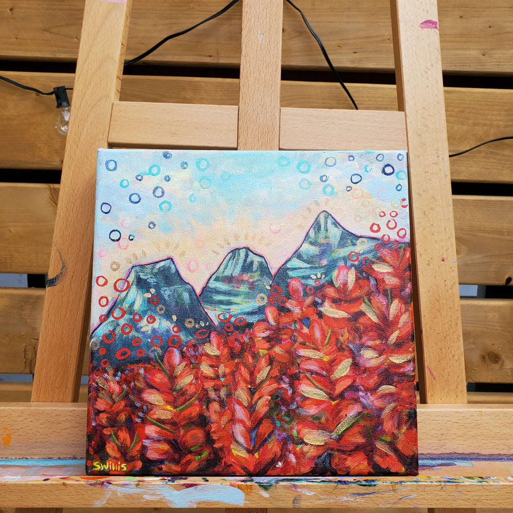 
            
                Load image into Gallery viewer, I&amp;#39;ve Got a Feeling It&amp;#39;s Going to be a Good Day - Canmore Three Sisters &amp;amp; Red Paintbrushes - 10x10&amp;quot;
            
        