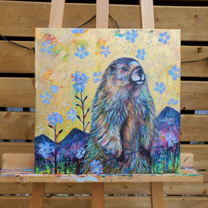 "The Golden Marmot" - Marmot & Alpine Forget-Me-Nots - 16x16"