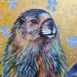 "The Golden Marmot" - Marmot & Alpine Forget-Me-Nots - 16x16"