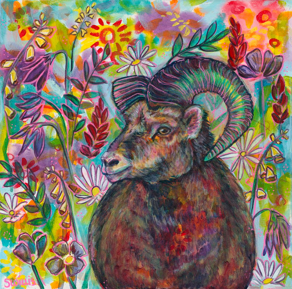 "You Belong Among the Wildflowers" - Bighorn Sheep & Canadian Rockies Wildflowers - 12x12"